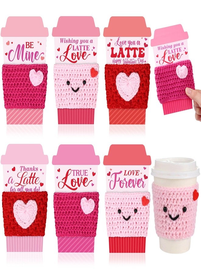 Potchen 6 Set Valentine's Day Gift Card Holders with Heart Crochet Coffee Cozy Sleeve Pink Valentines Coffee Cup Gift Card Sleeves for Appreciation Teacher Friends Colleague Staff Party Favors - Image 1